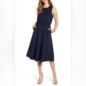 1901 Sailor Button Shoulder Stretch  Cotton Poplin Navy Blue Midi Dress Retro